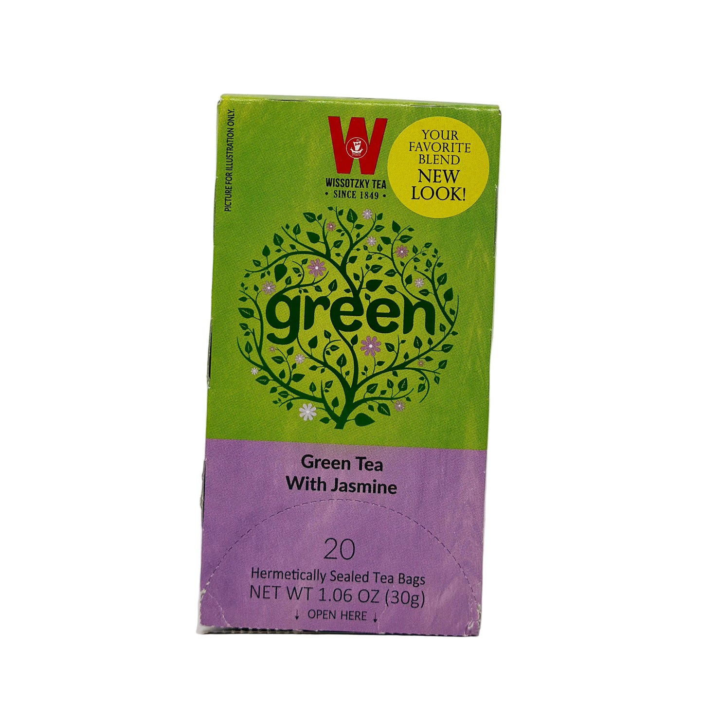 Box of Wissotzky Green Tea with Jasmine, 1.06 oz, with packaging that has a green background and an illustration of a jasmine plant.