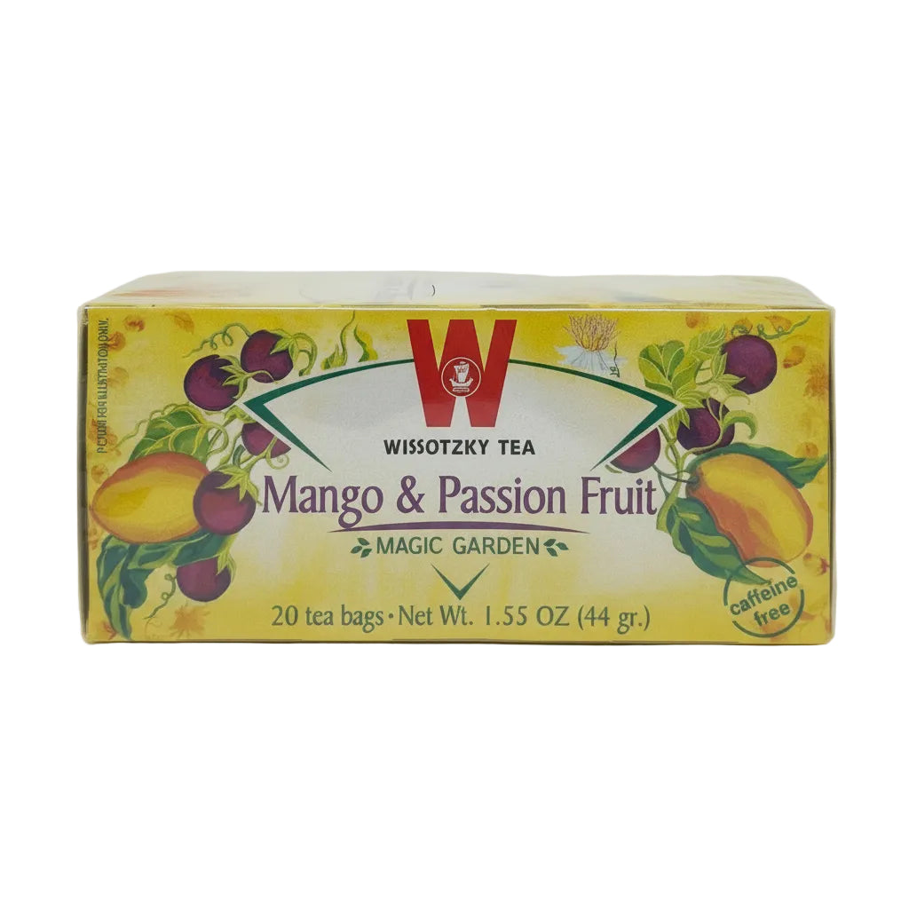 A package of Wissotzky Tea Mango & Passion Fruit with an illustration of a mango and passion fruit on the front, and a net weight of 1.55 oz indicated.