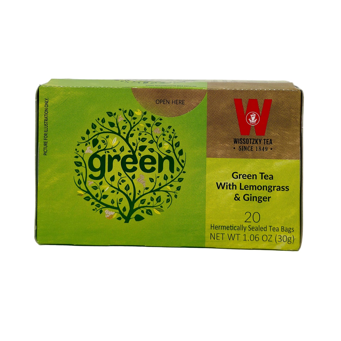 A package of Wissotzky Green Tea with Lemongrass & Ginger. The packaging is predominantly green with a leaf design and an image of lemongrass and ginger.