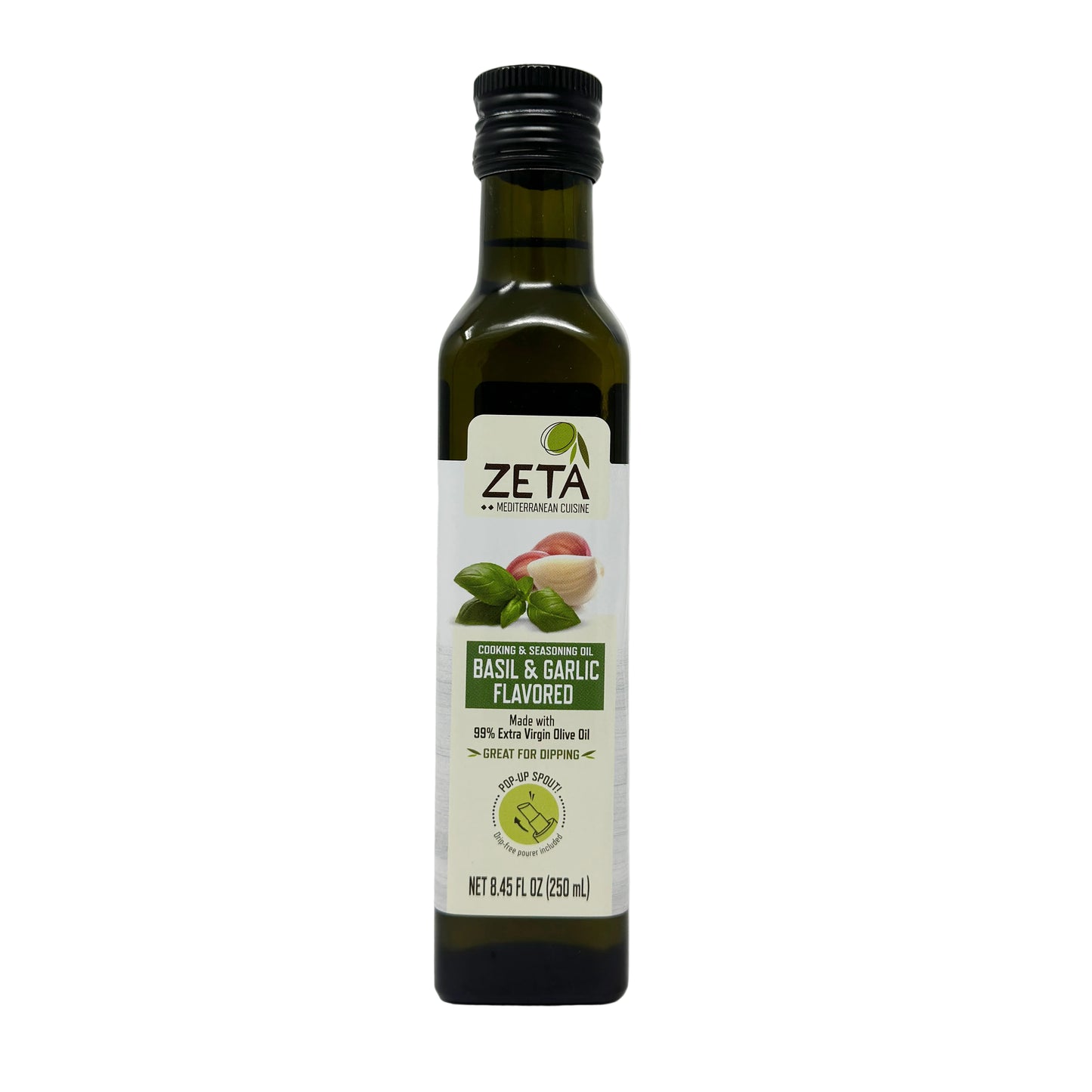 Bottle of Zeta Oil Basil & Garlic Flavored Extra Virgin Olive Oil on a white background