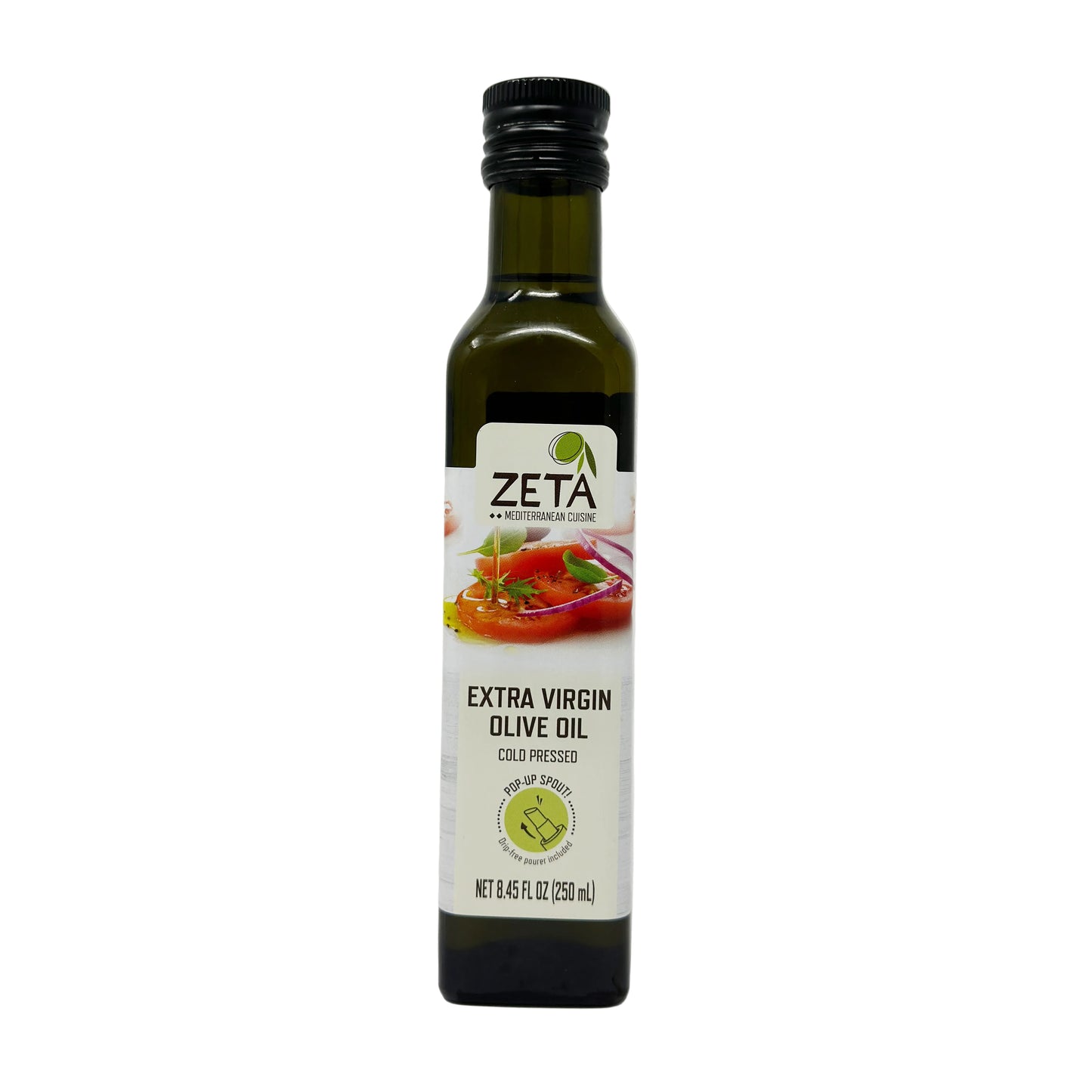 Bottle of Zeta Extra Virgin Olive Oil on a white background