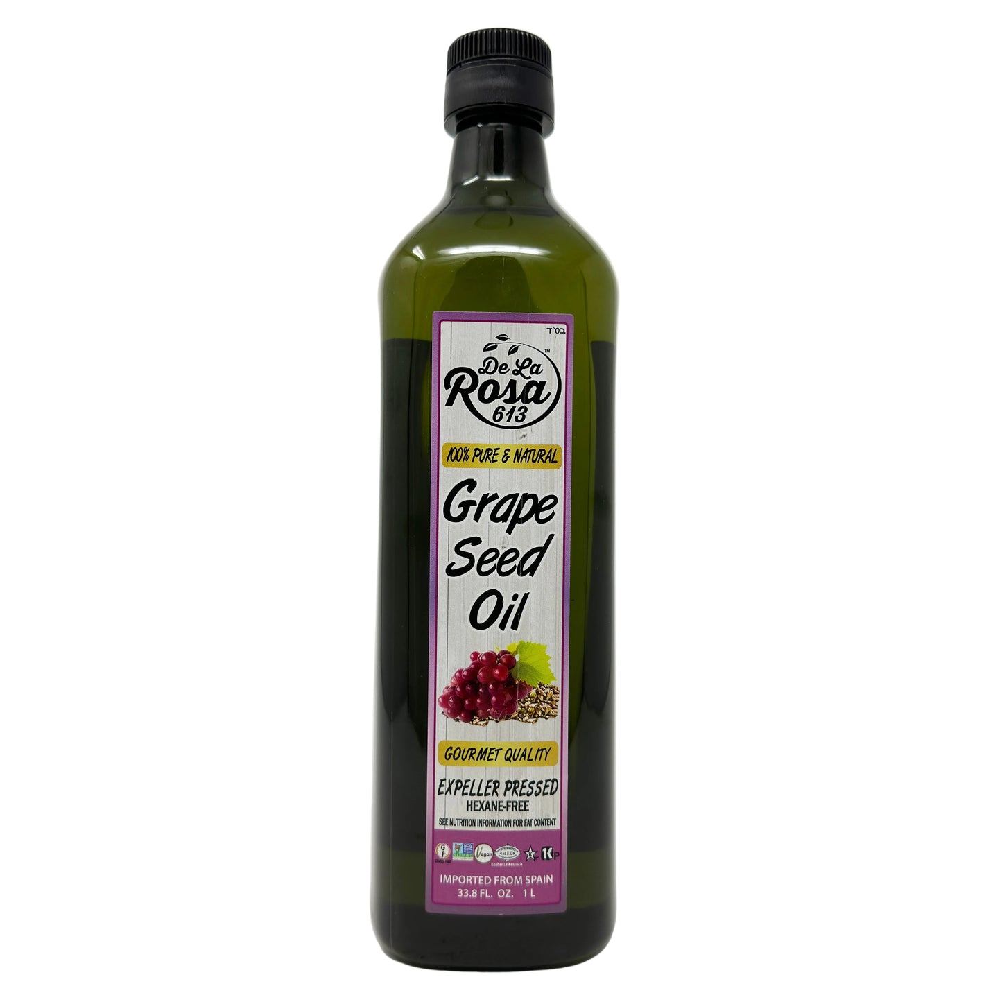 A large bottle of De La Rosa Grape Seed Oil with a label showing the brand and product name, set against a white background.