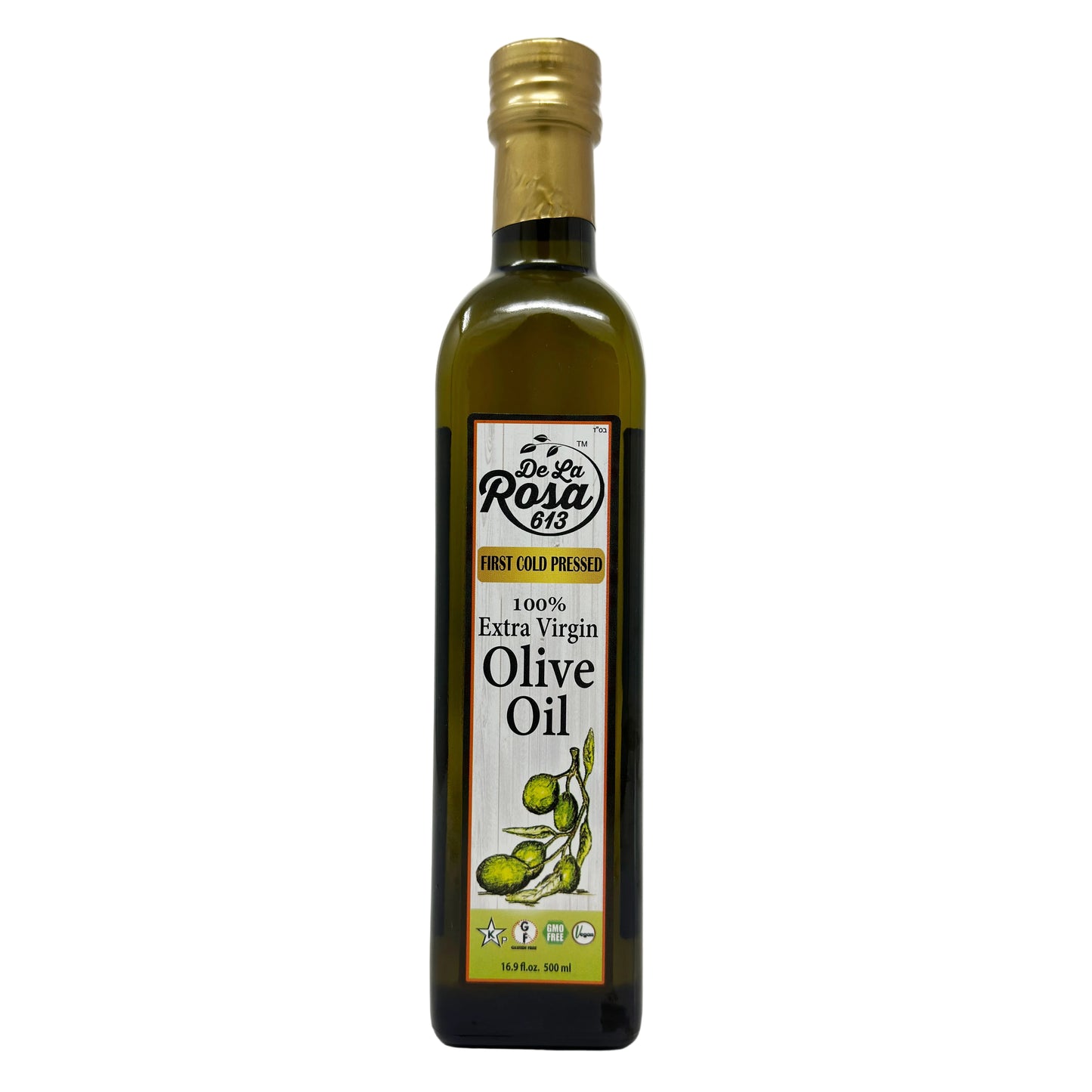 A bottle of De La Rosa Extra Virgin Olive Oil, 16.9 fl oz size, with label displaying the brand, product type, and additional information.