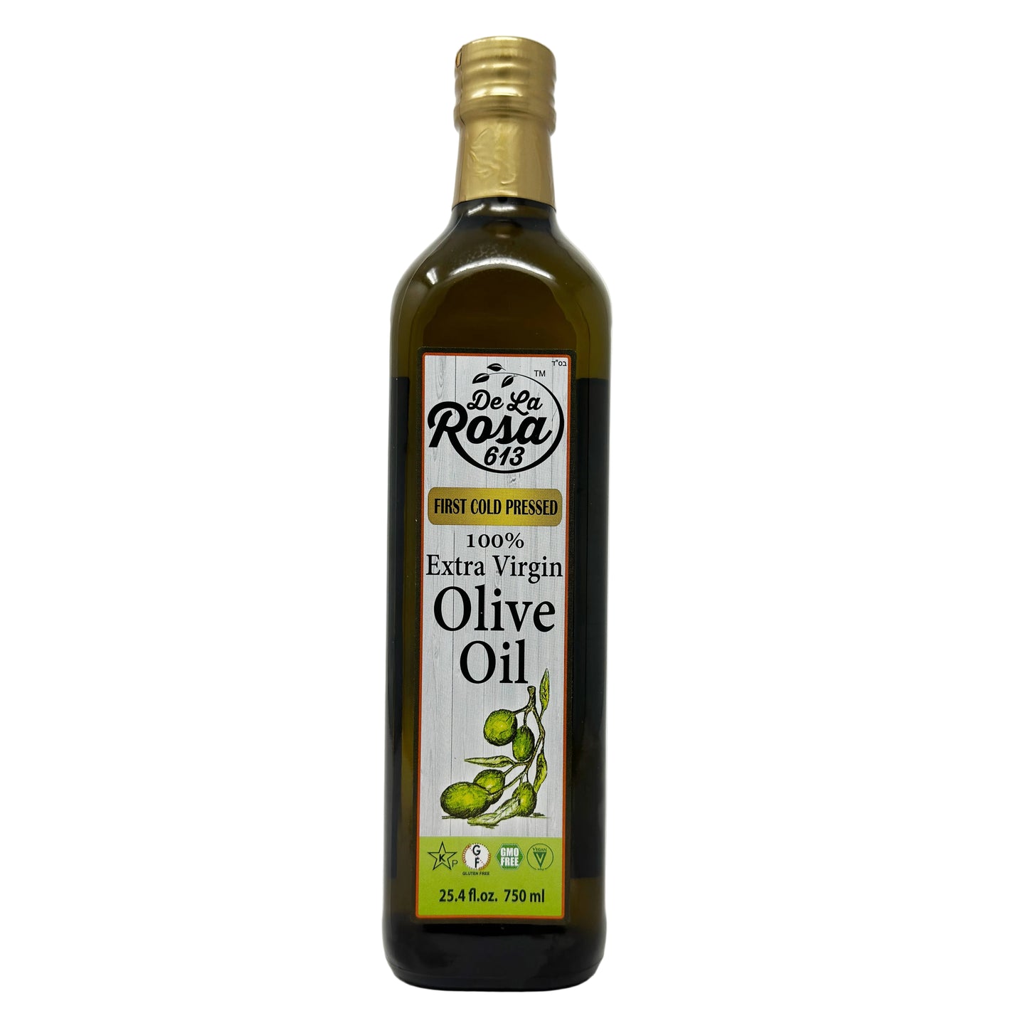 A bottle of De La Rosa Extra Virgin Olive Oil, 25.4 fl oz size, with label displaying product details.