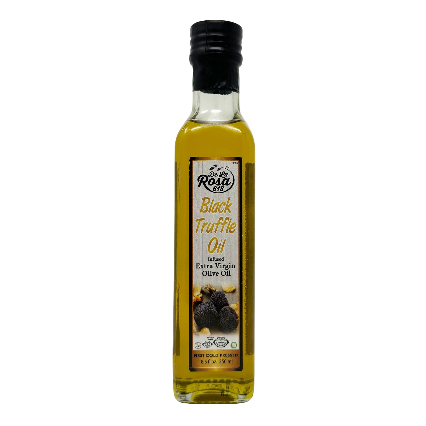Bottle of De La Rosa Black Truffle Olive Oil with a clear label displaying product and brand information.