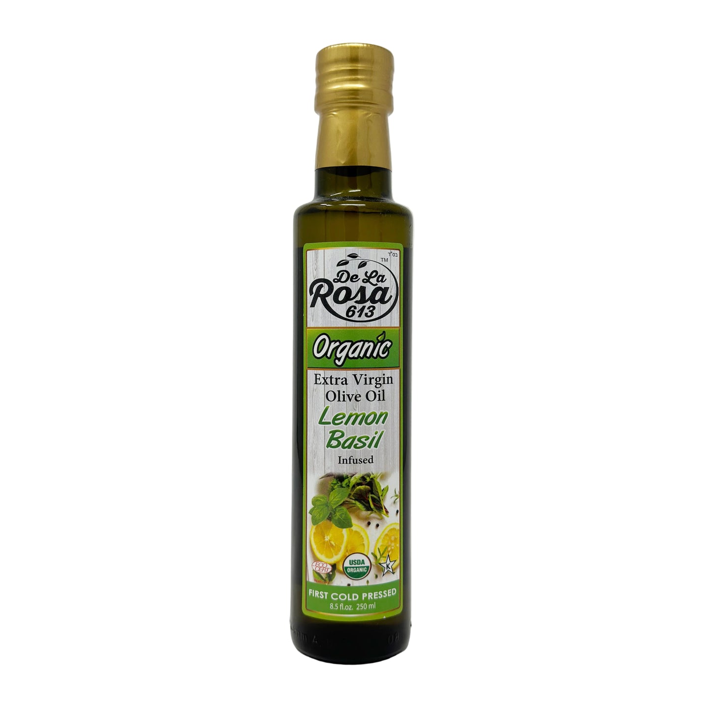 A bottle of De La Rosa Organic Extra Virgin Lemon Basil Olive Oil, 8.5 fl oz size, with label displaying the product name and organic certification.