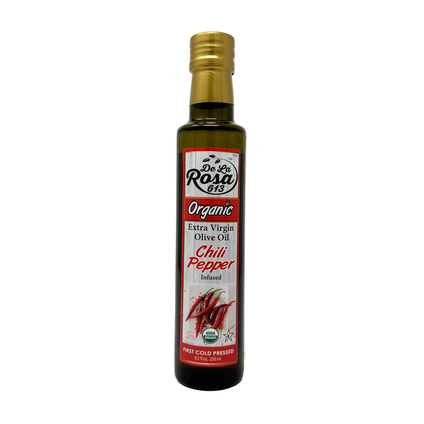 A bottle of De La Rosa Organic Extra Virgin Chili Pepper Olive Oil with a red and white label, 8.5 fl oz size.