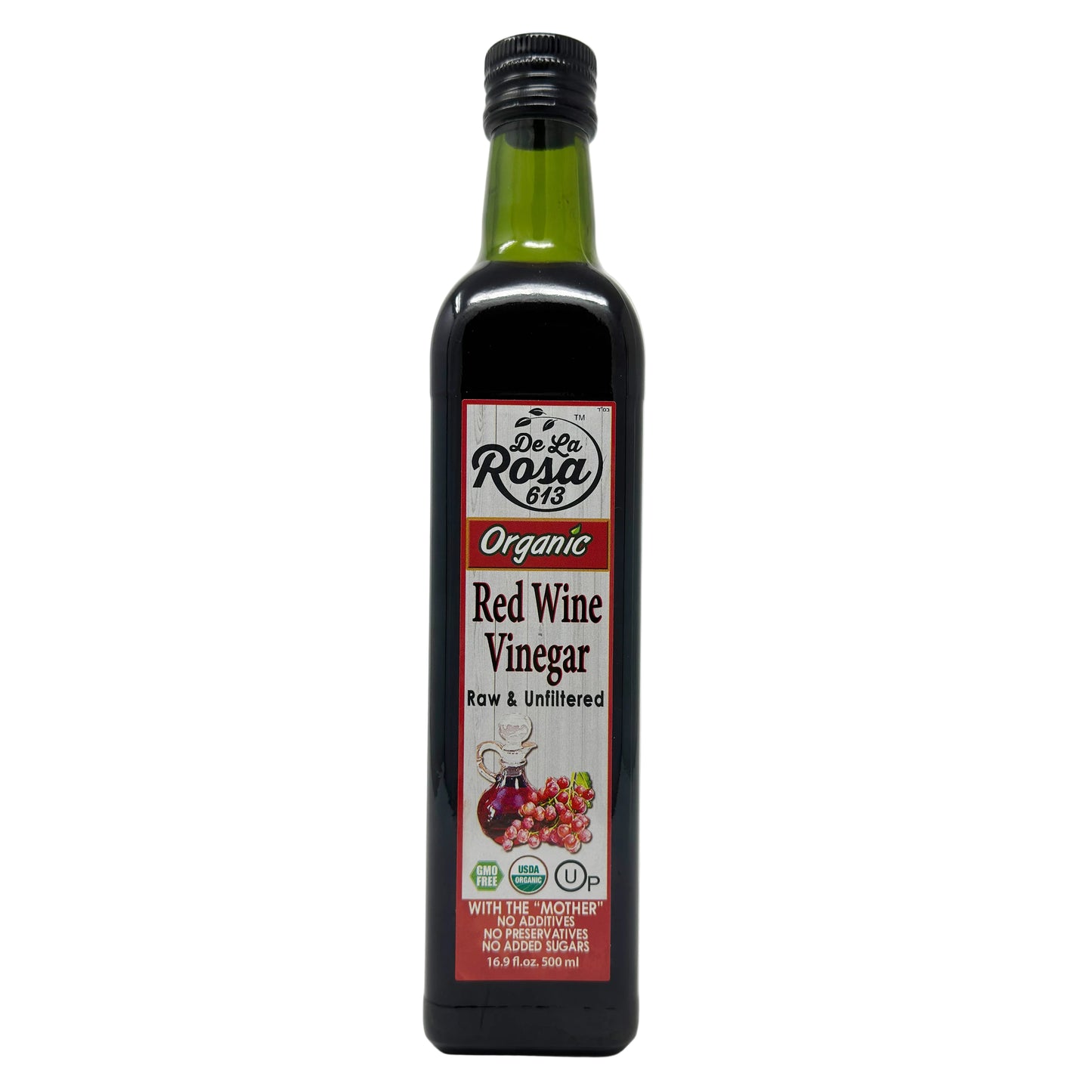 A bottle of De La Rosa Organic Red Wine Vinegar with a label showing the brand, product name, and an image of grapes. The bottle cap is black, and the vinegar appears to be a dark red color.