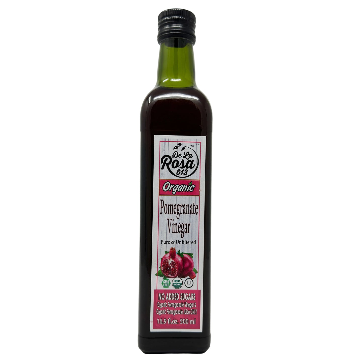 A bottle of De La Rosa Organic Pomegranate Vinegar with a label showing the product name and organic certification.