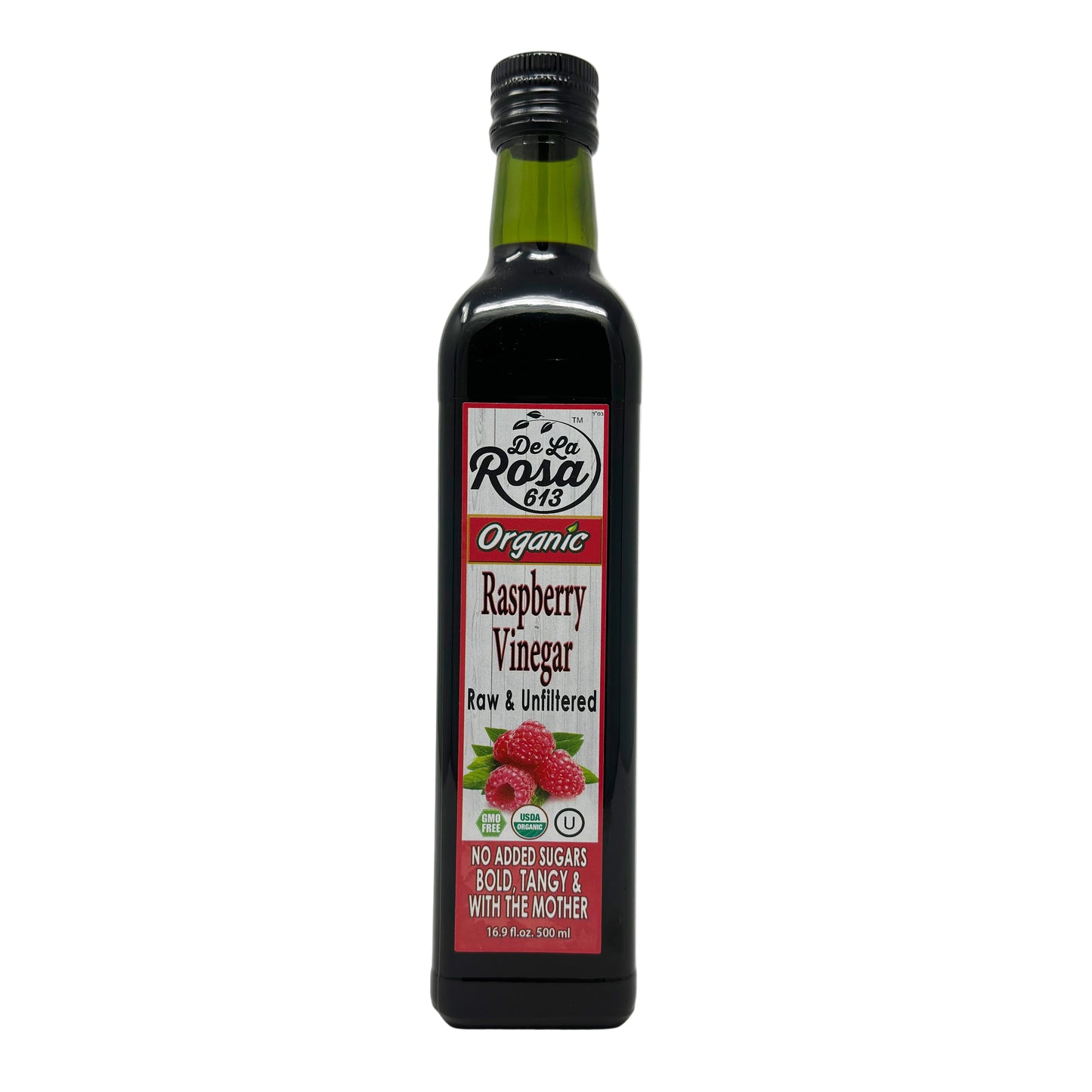A bottle of De La Rosa Organic Raspberry Vinegar with a label showing the brand, product name, and a raspberry image.