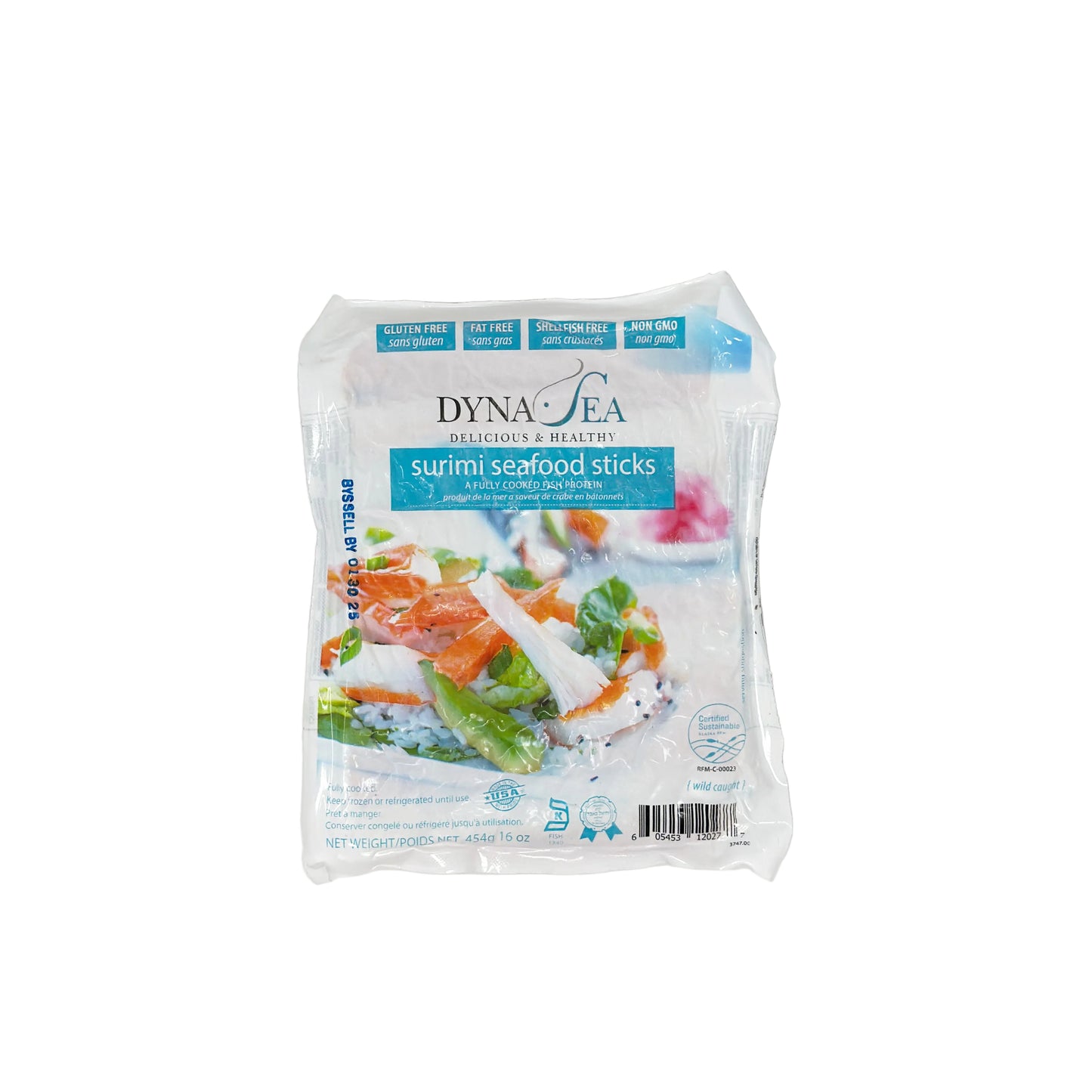 A pack of DynaSea Surimi Seafood Sticks in a clear plastic packaging, displaying the product and its branding.