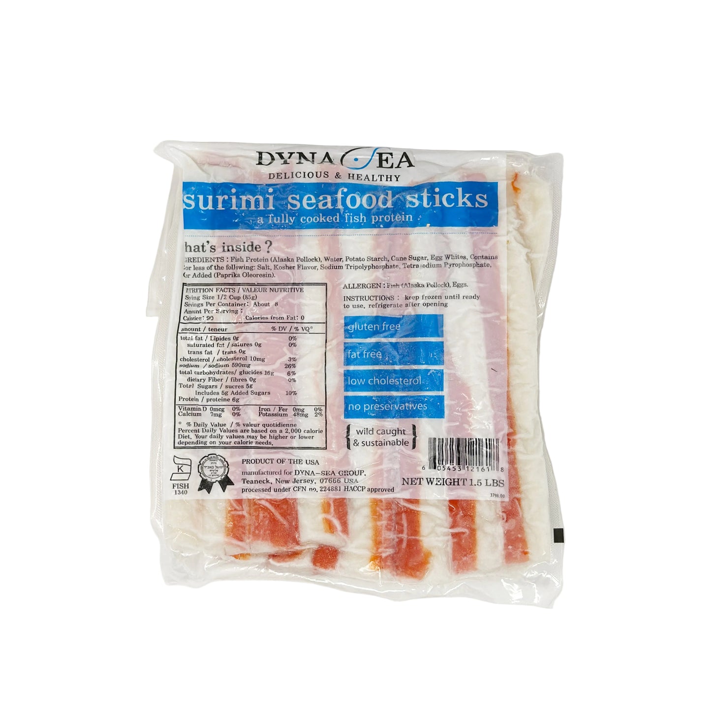 Packaged DynaSea Surimi Seafood Sticks in a plastic bag with a white and blue label displaying product information.