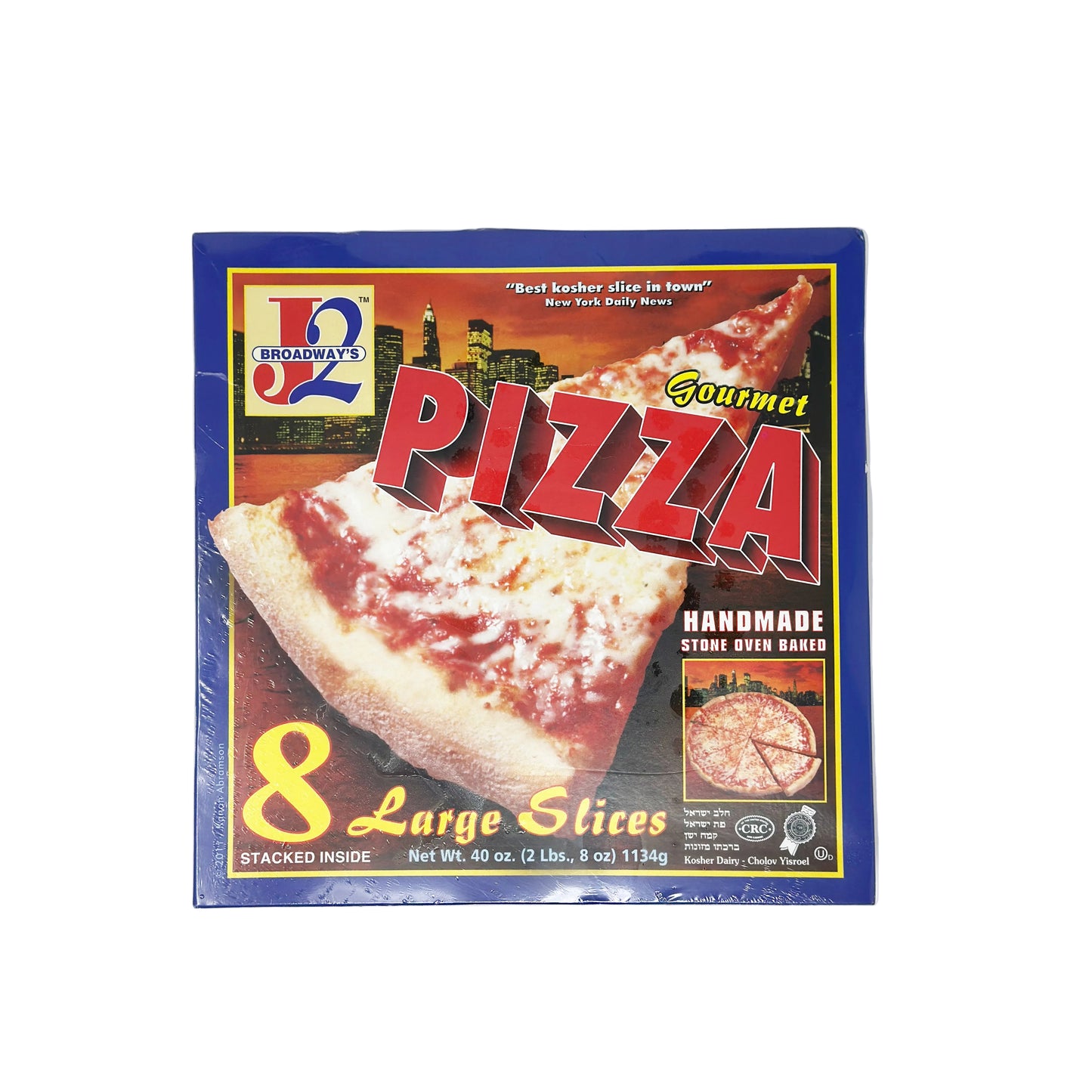 A frozen pizza product from J2 Broadway's Pizza, packaging displays 8 slices of pizza, and the weight of 40 oz is indicated.