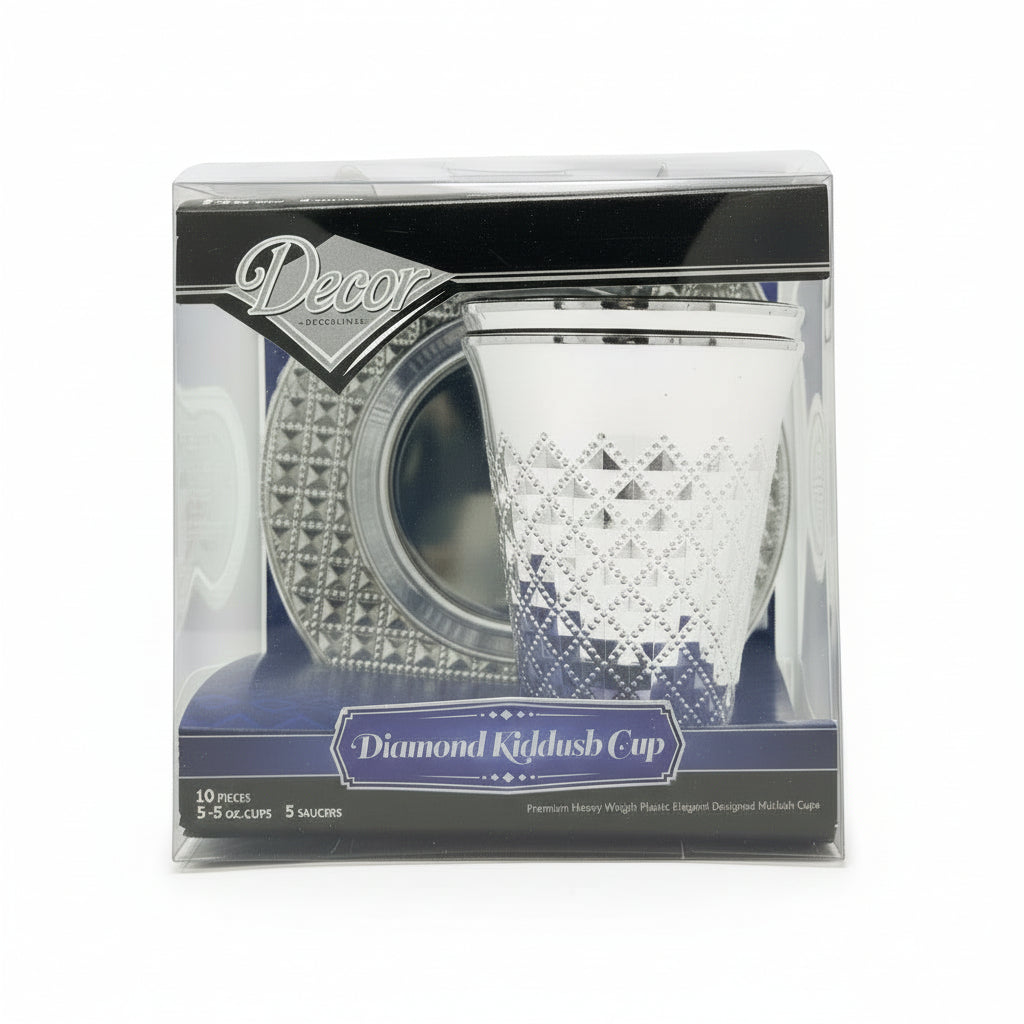 Packaging of Decor Diamond Kiddush 5oz Cup and Plate, featuring a clear cup with a geometric diamond pattern and a blue and black color scheme.