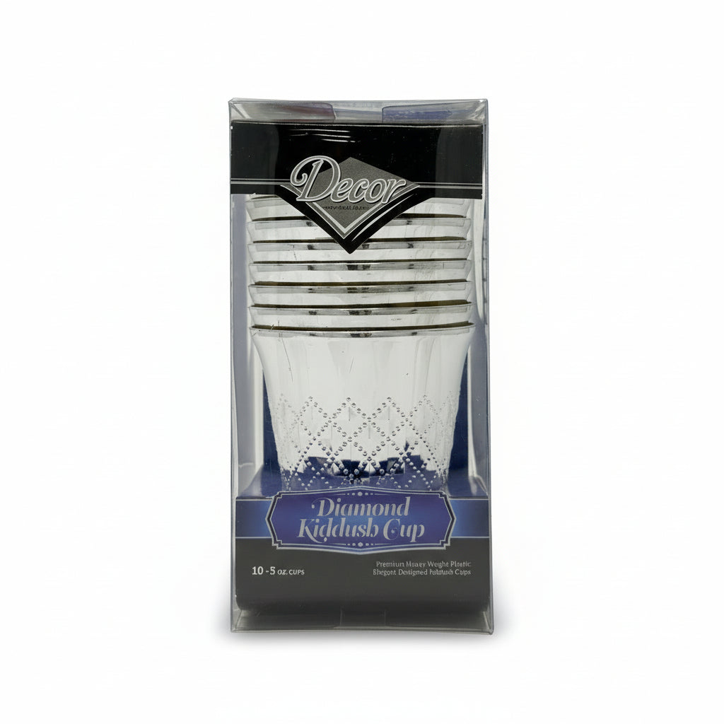 Packaging of Decor Diamond Kiddush disposable cups, featuring 5oz cups with a diamond pattern design, suitable for serving wine or grape juice.