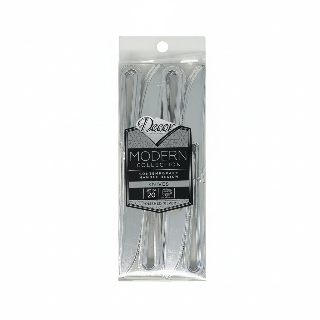 Pack of 20 polished silver knives from Decor Modern Collection, sealed in a plastic packaging with branding and product information displayed.