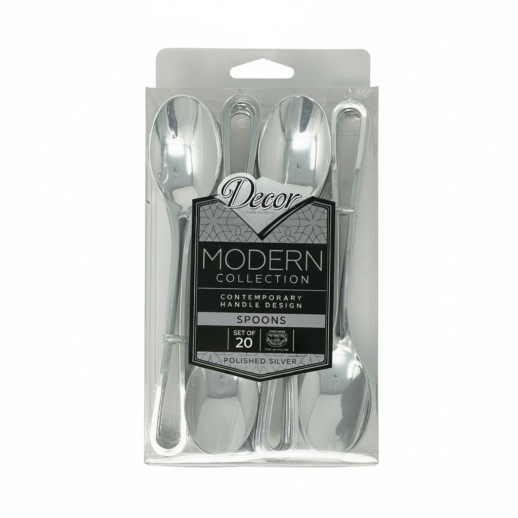 Packaging of Decor Modern Collection polished silver spoons, containing 20 pieces.