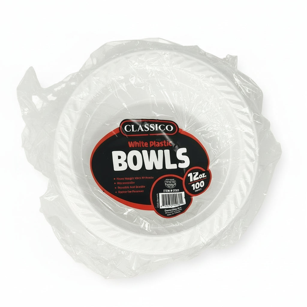 A pack of Classico white plastic bowls, with the product label visible, indicating a 12oz capacity and a pack size of 100.