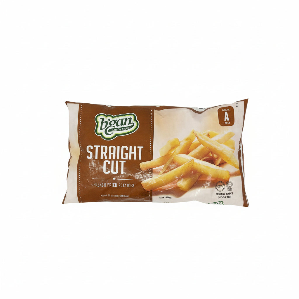 A package of B'gan Straight Cut French Fries showing the product name and an image of the fries.