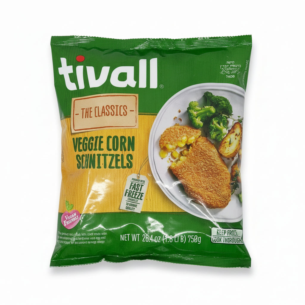 Packaging of Tivall Veggie Corn Schnitzels showing the product and a serving suggestion with vegetables.
