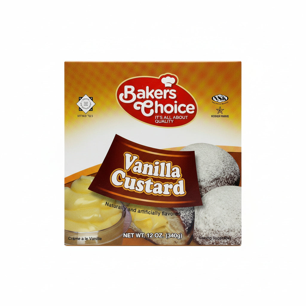 A 12 oz package of Bakers Choice Vanilla Custard, with the product visible through a clear window on the box.