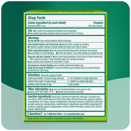 Dulcolax Stimulant Laxative Tablets, Predictable & Effective Constipation Relief, Relieves Straining & Bloating, Bisacodyl 5 mg, 10 Count, 2 Pack