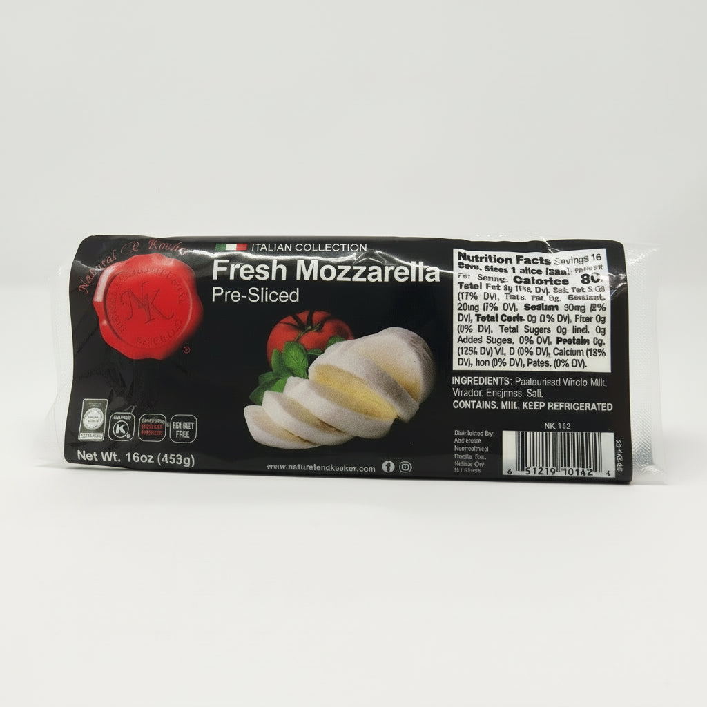 Packaging of Natural & Kosher Fresh Mozzarella Sliced 16oz showing the cheese slices and relevant certifications.