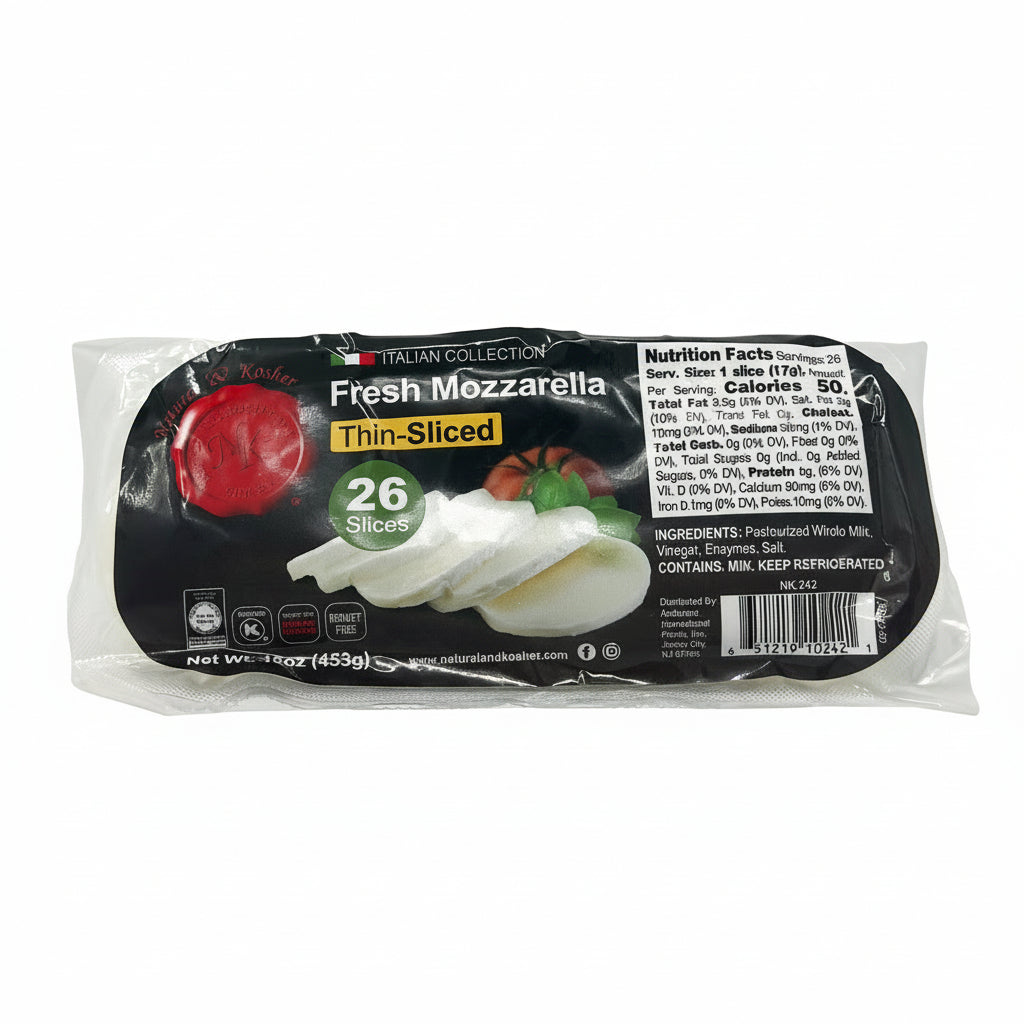 Packaged fresh mozzarella thin sliced in a 16 oz container with branding and nutritional information visible.