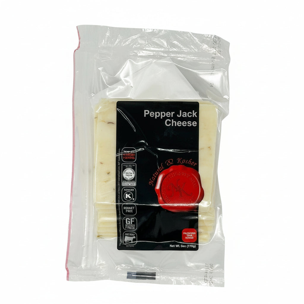 Packaged sliced pepper jack cheese with the label showing the brand and 'Kosher' certification.
