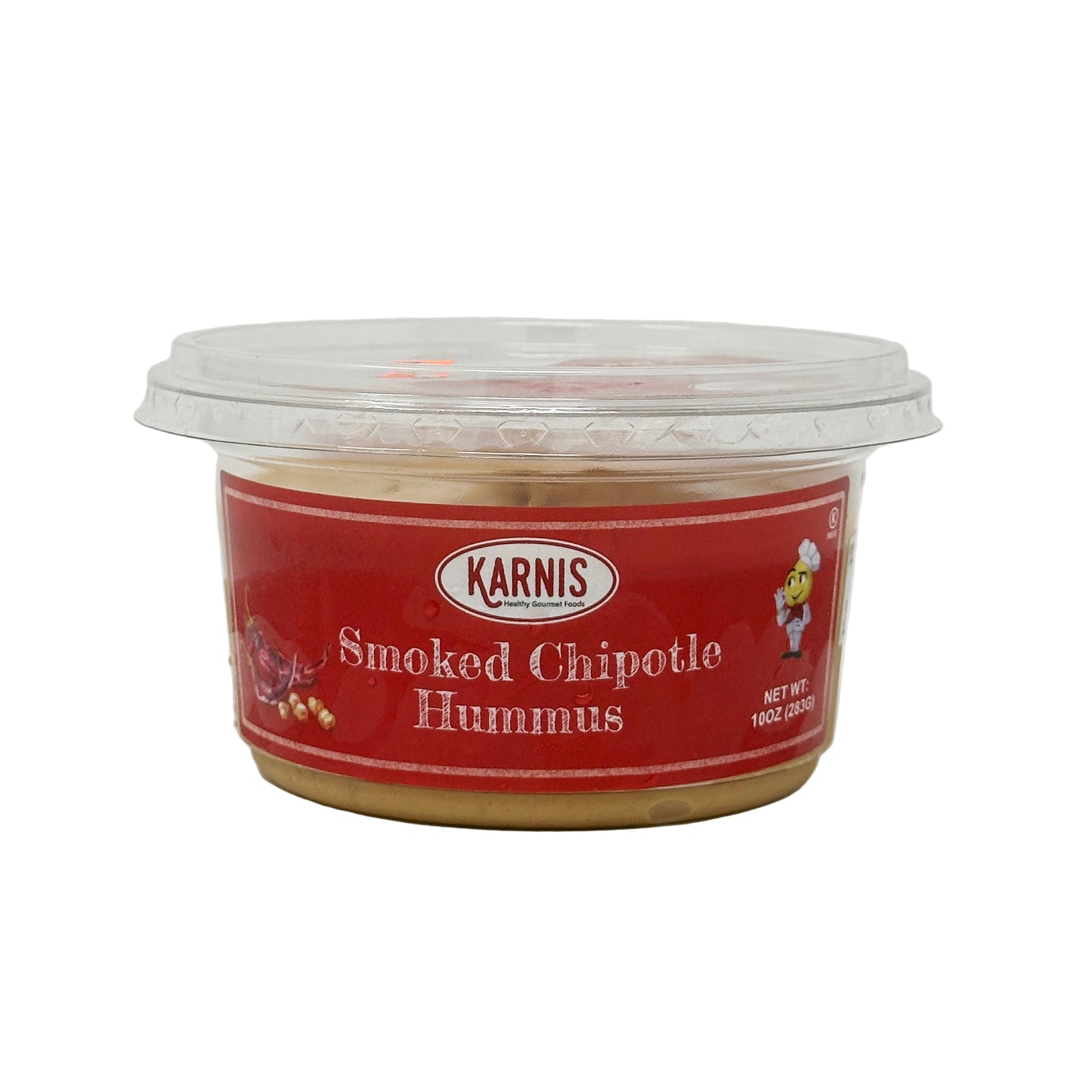 A 10 oz container of Karnis Smoked Chipotle Hummus with a red label and the brand name visible.
