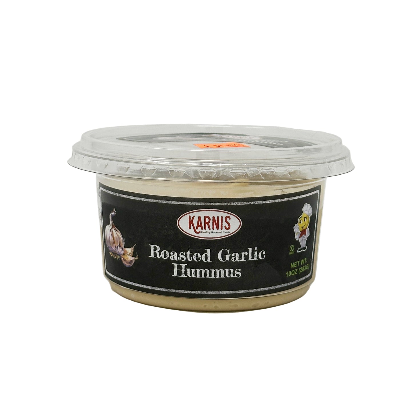 A 10 oz container of Karnis Roasted Garlic Hummus with a label showing the product name and an illustration of a garlic bulb.