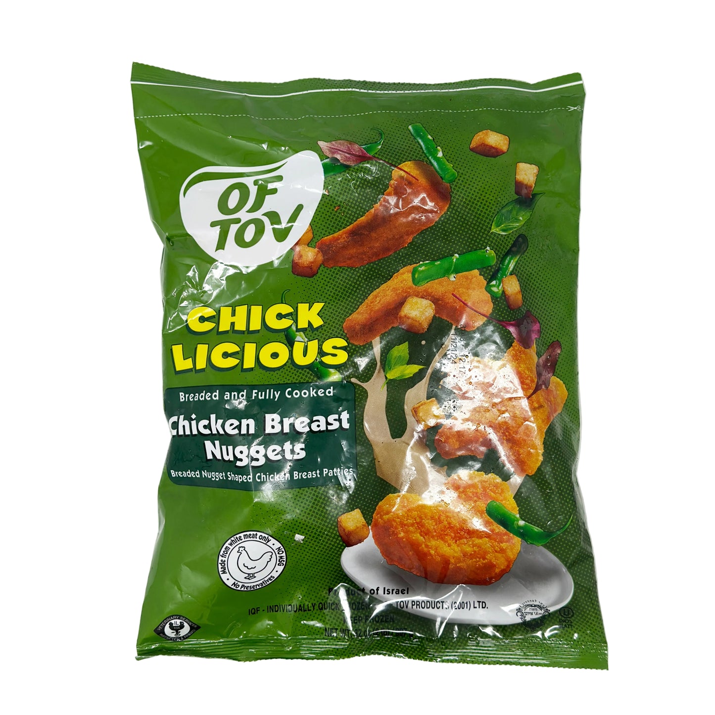 Packaging of Of Tov Chicken Breast Nuggets showing the product name and an image of the chicken nuggets.