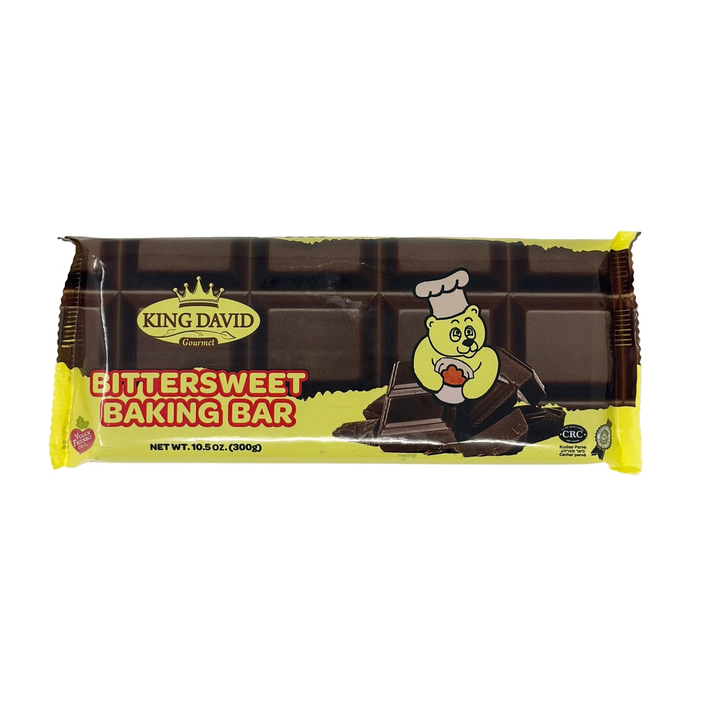 A King David Bittersweet Chocolate Baking Bar packaging with an illustration of a chocolate bar, a chef, and the text 'Bittersweet Chocolate Baking Bar'.