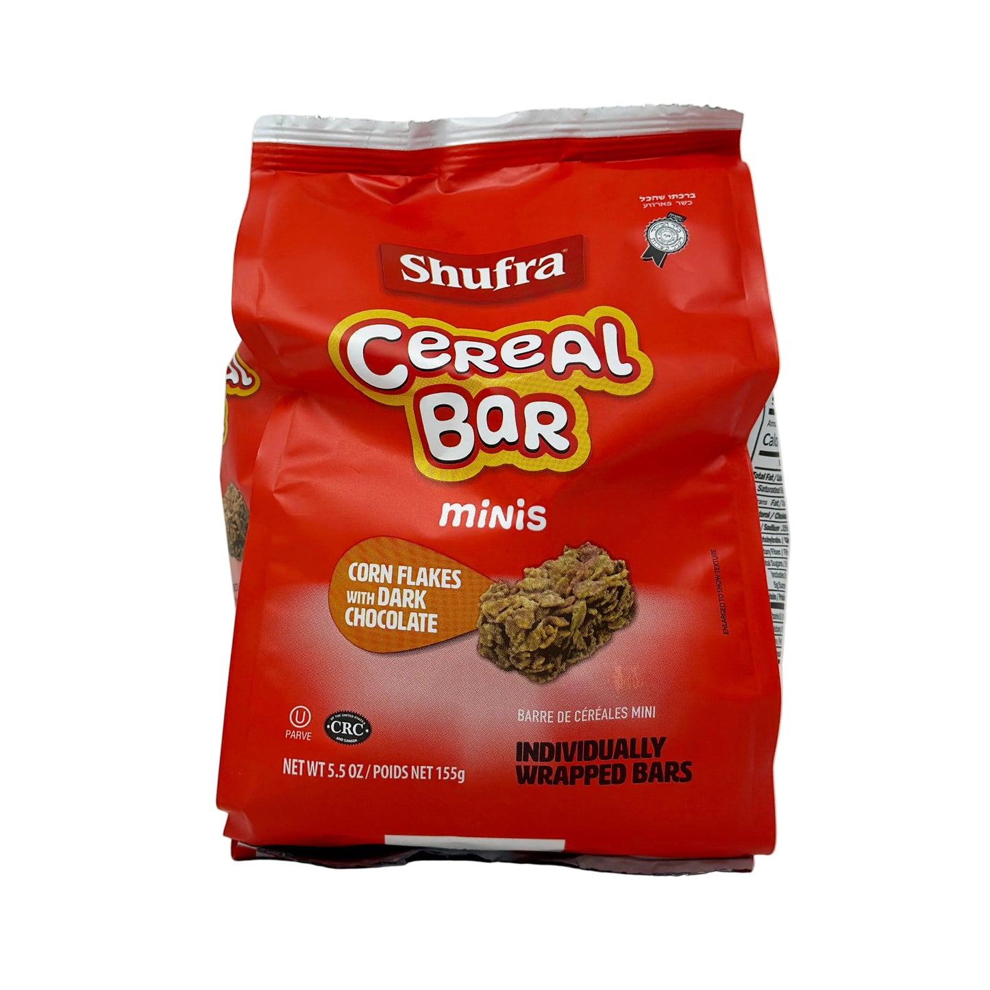 A packaged Shufra Cereal Bar Minis with cornflakes and dark chocolate. The package is predominantly red with the product name and images of the cereal bars.