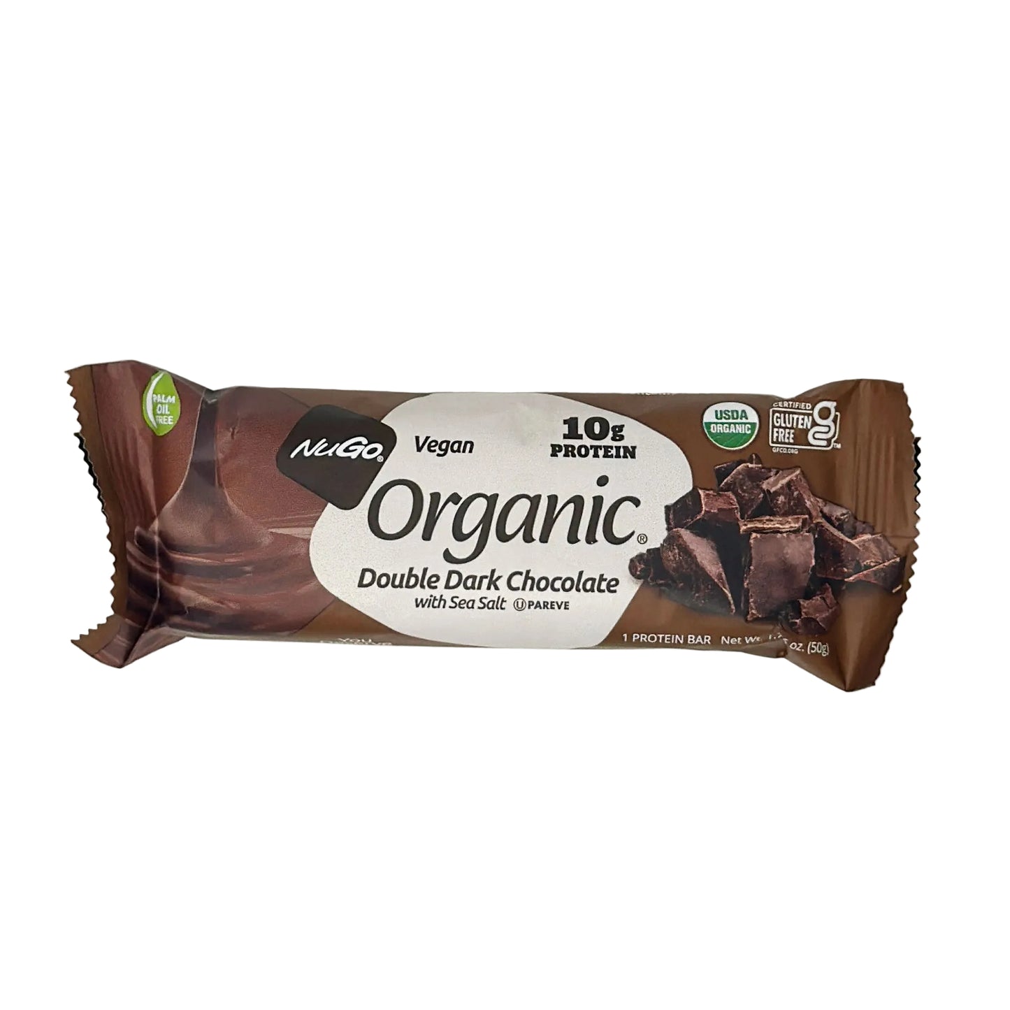 A Nugo Organic Double Dark Chocolate bar with a label indicating it's made with organic chocolate, vegan protein, and fiber. It also mentions double dark chocolate and 10g of protein.