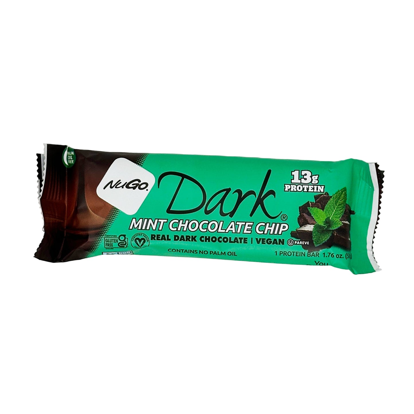 A packaged Nugo Dark Mint Chocolate Chip cereal bar with the branding and flavor information visible on the front.