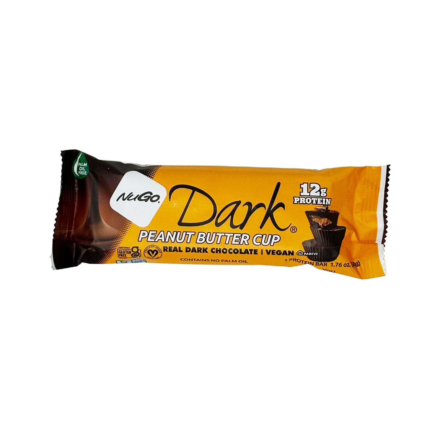 A Nugo Dark Peanut Butter Cup cereal bar with dark chocolate and peanut butter flavors, vegan protein, and no added sugar, against a white background.