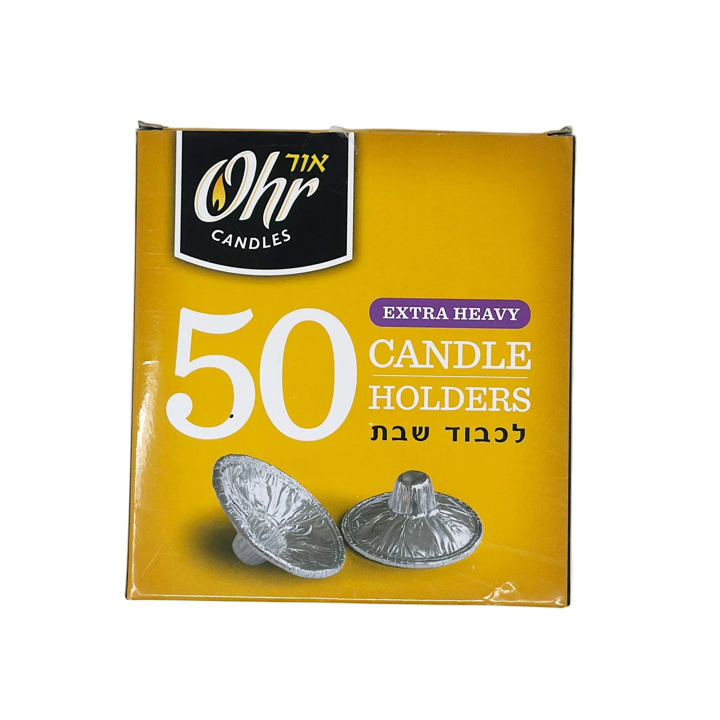 A box of Ohr Extra Heavy Candle Holders with a count of 50. The packaging is primarily yellow and black, with images of the candle holders on the front.