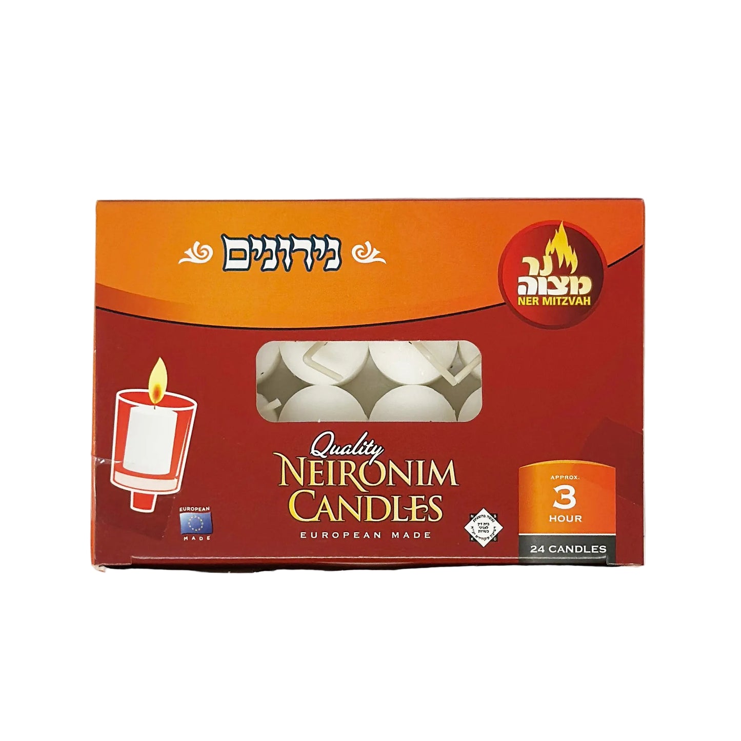 A box of Ner Mitzvah Neronim Candles with a picture of a candle and candle holder, indicating that the candles are 3 hours long and come in a pack of 24.