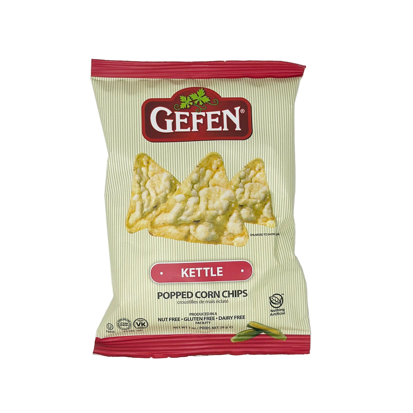 A package of Gefen Kettle Popped Corn Chips. The bag is predominantly red and white with an image of the chips on the front and the Gefen logo at the top.
