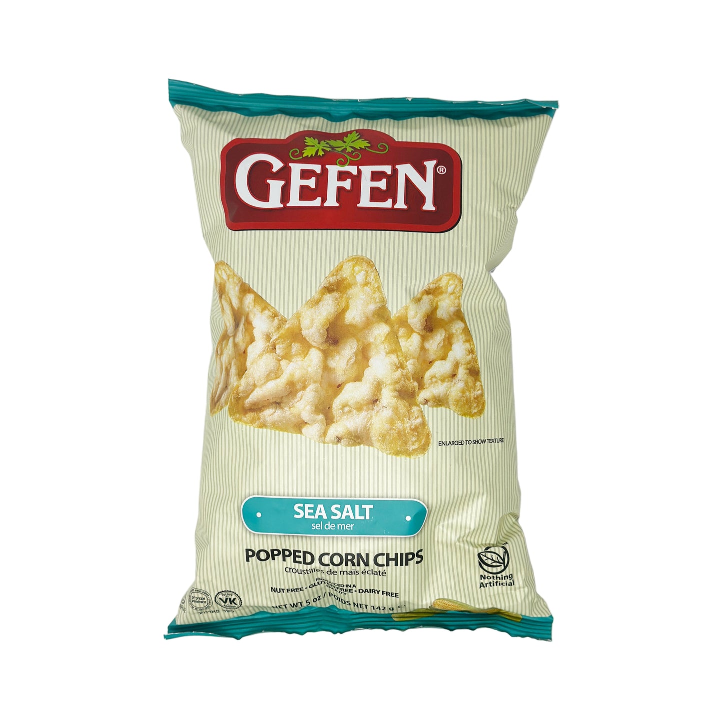 A package of Gefen Sea Salt Popped Corn Chips in a 5 oz bag.