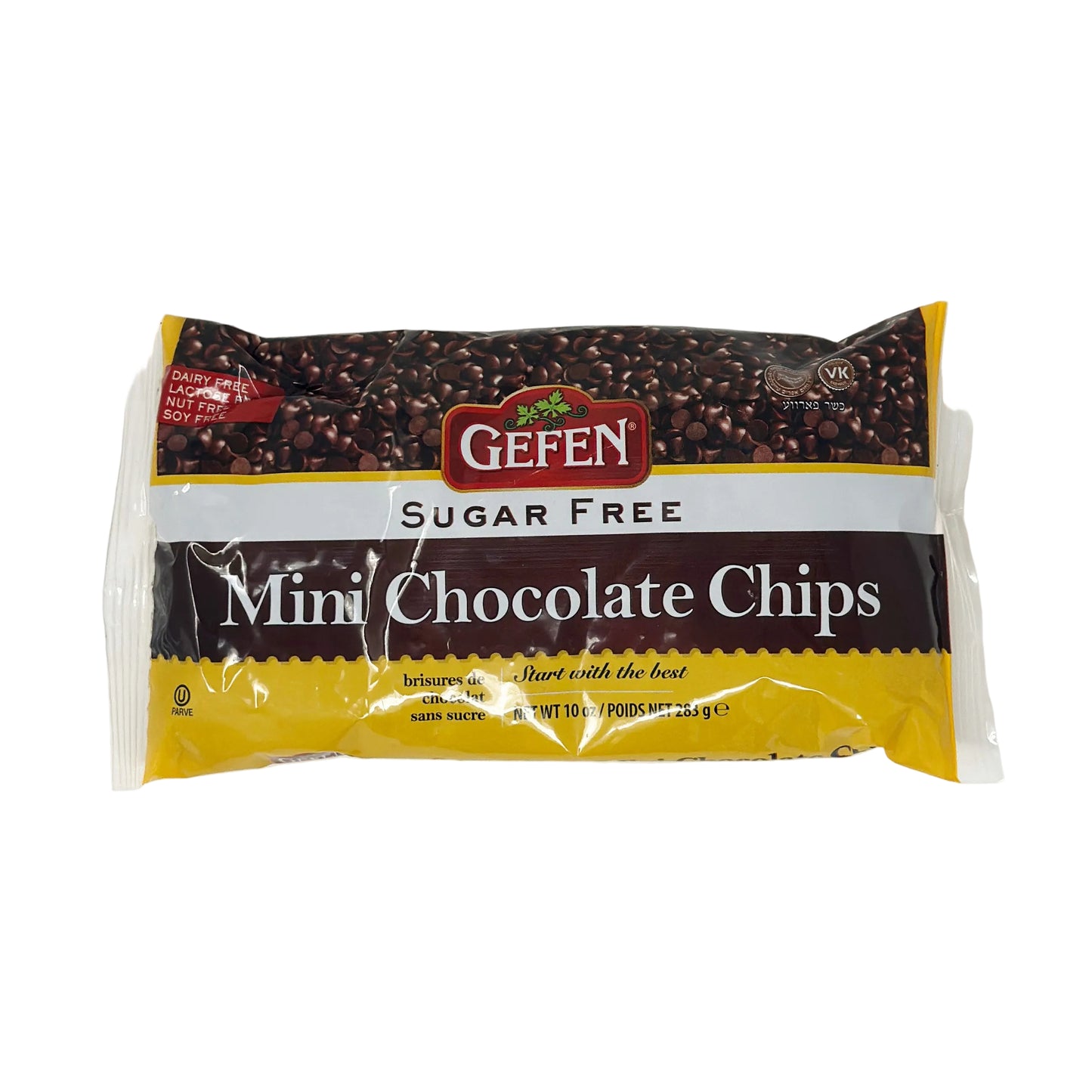 A package of Gefen Sugar Free Mini Chocolate Chips. The packaging is primarily black and yellow with an transparent window showing the chocolate chips inside.