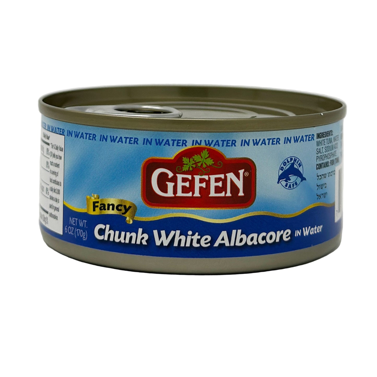 Can of Gefen Chunk White Albacore tuna in water on a white background