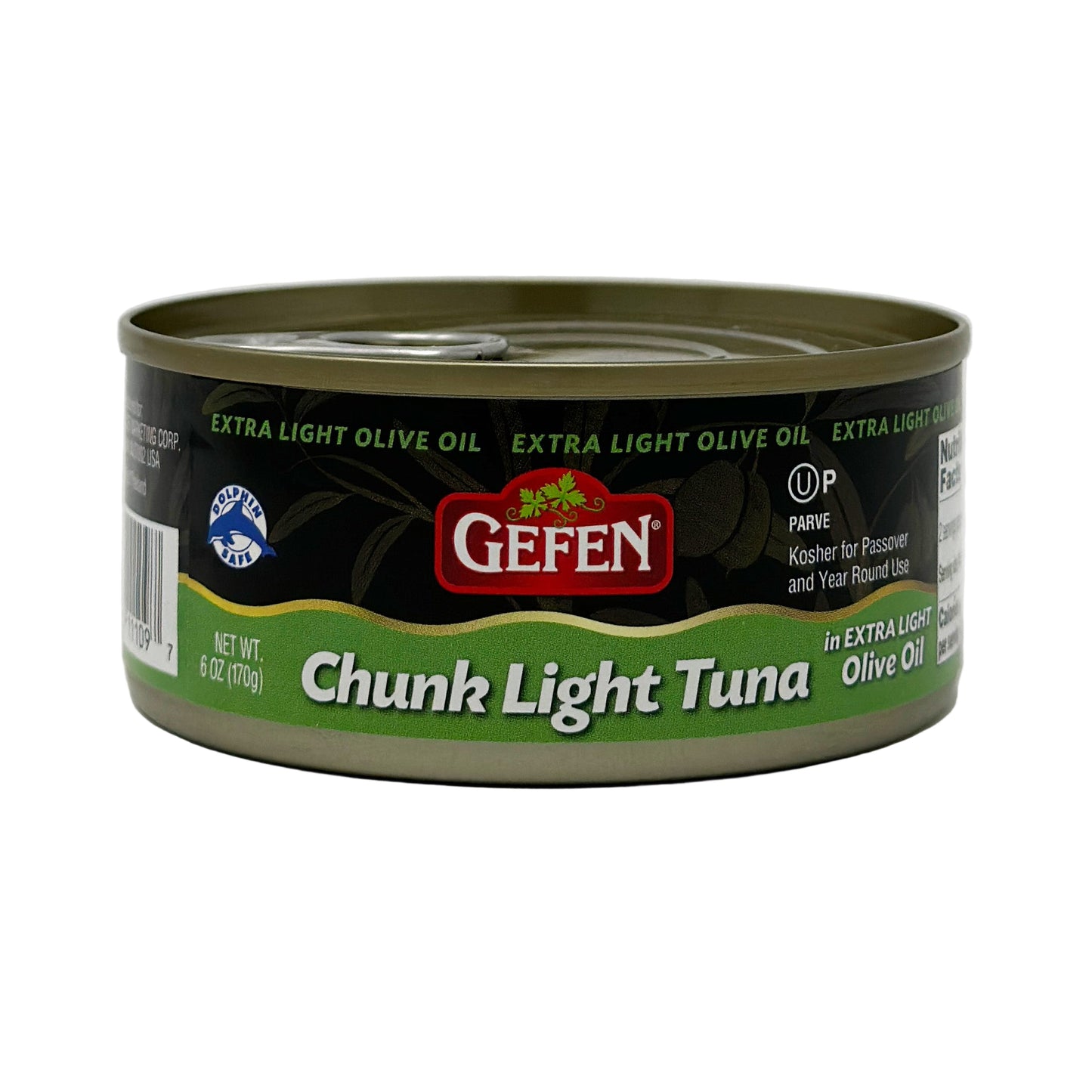 Can of Gefen Chunk Light Tuna in Extra Light Olive Oil on a white background