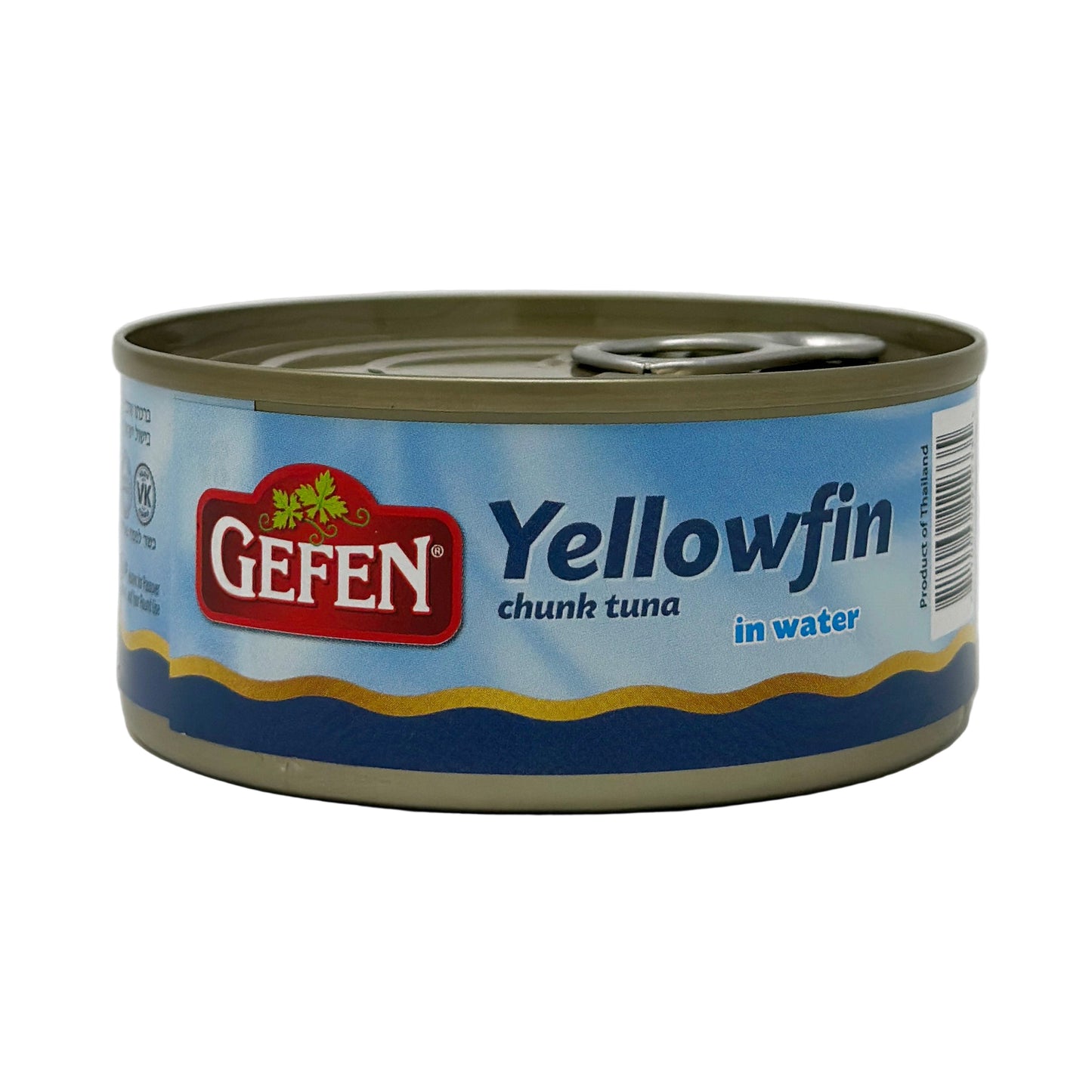 Can of Gefen Yellowfin chunk tuna in water on a white background