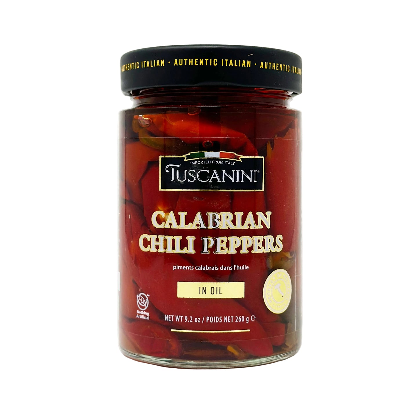 A jar of Tuscanini Calabrian Chili Peppers. The label shows the product name and an image of the chili peppers.