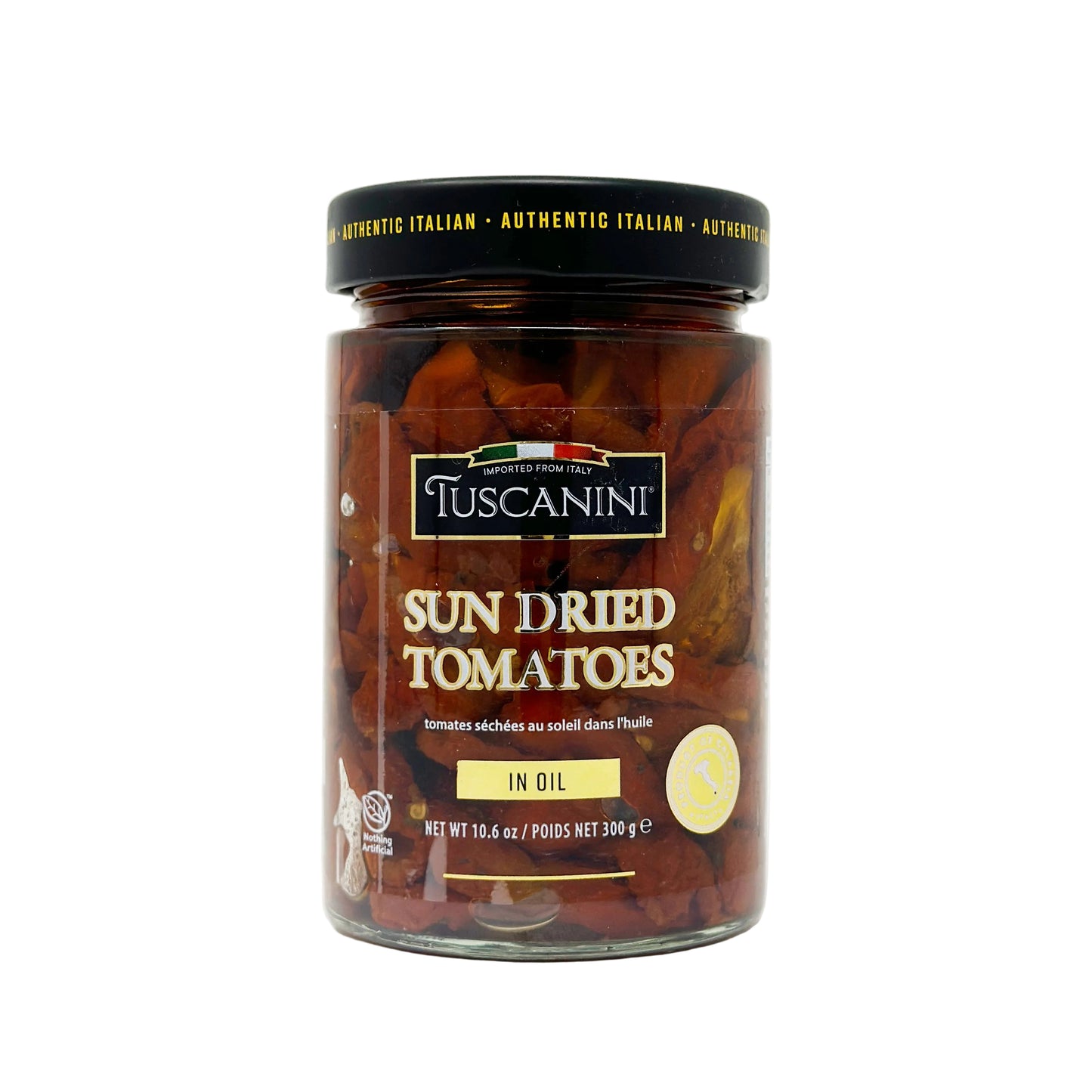 A can of Tuscanini Sun Dried Tomatoes. The can is labeled with the product name and an award symbol, indicating that it is a product of Italy.