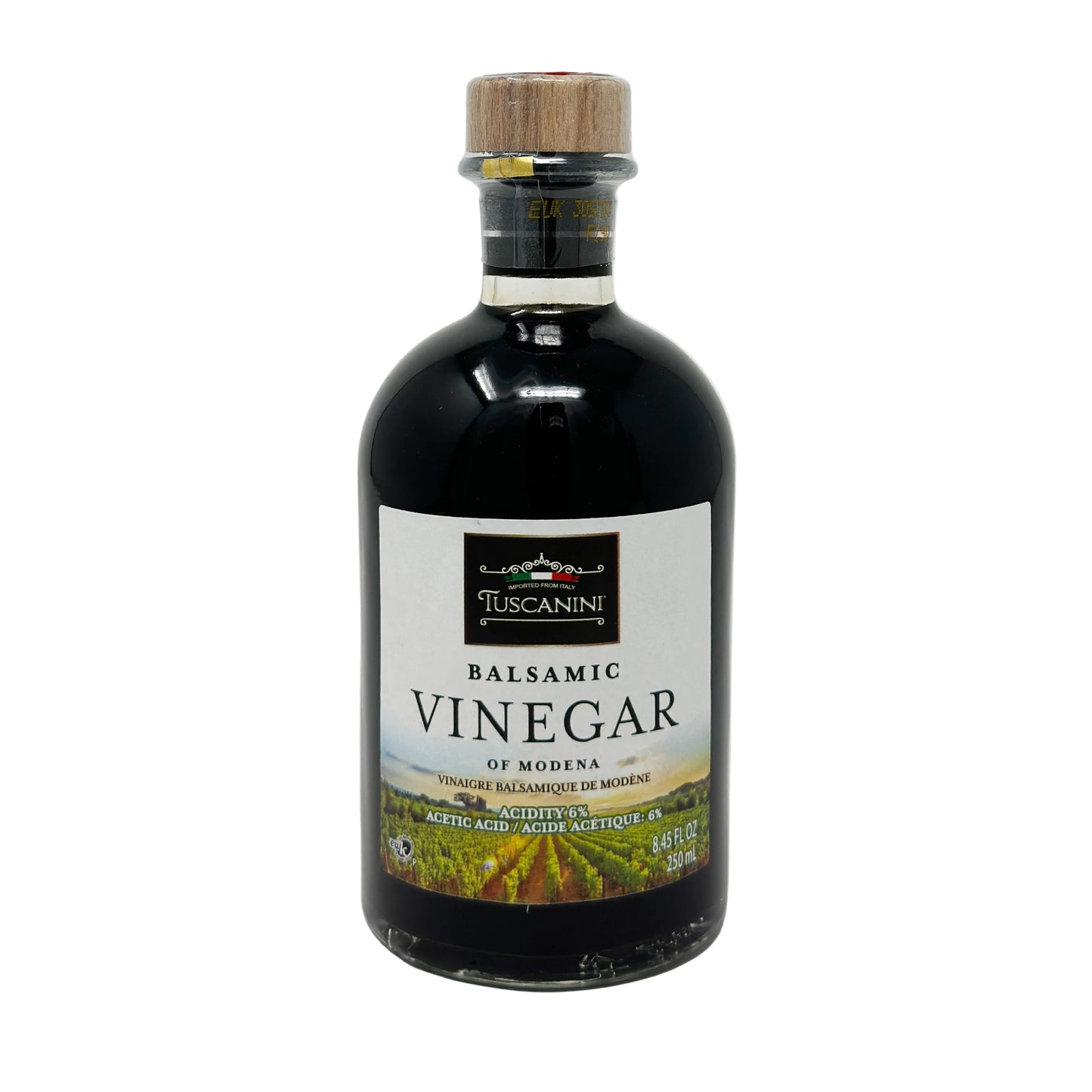 A bottle of Tuscanini Balsamic Vinegar of Modena with a label showing the brand and product name, set against a white background.