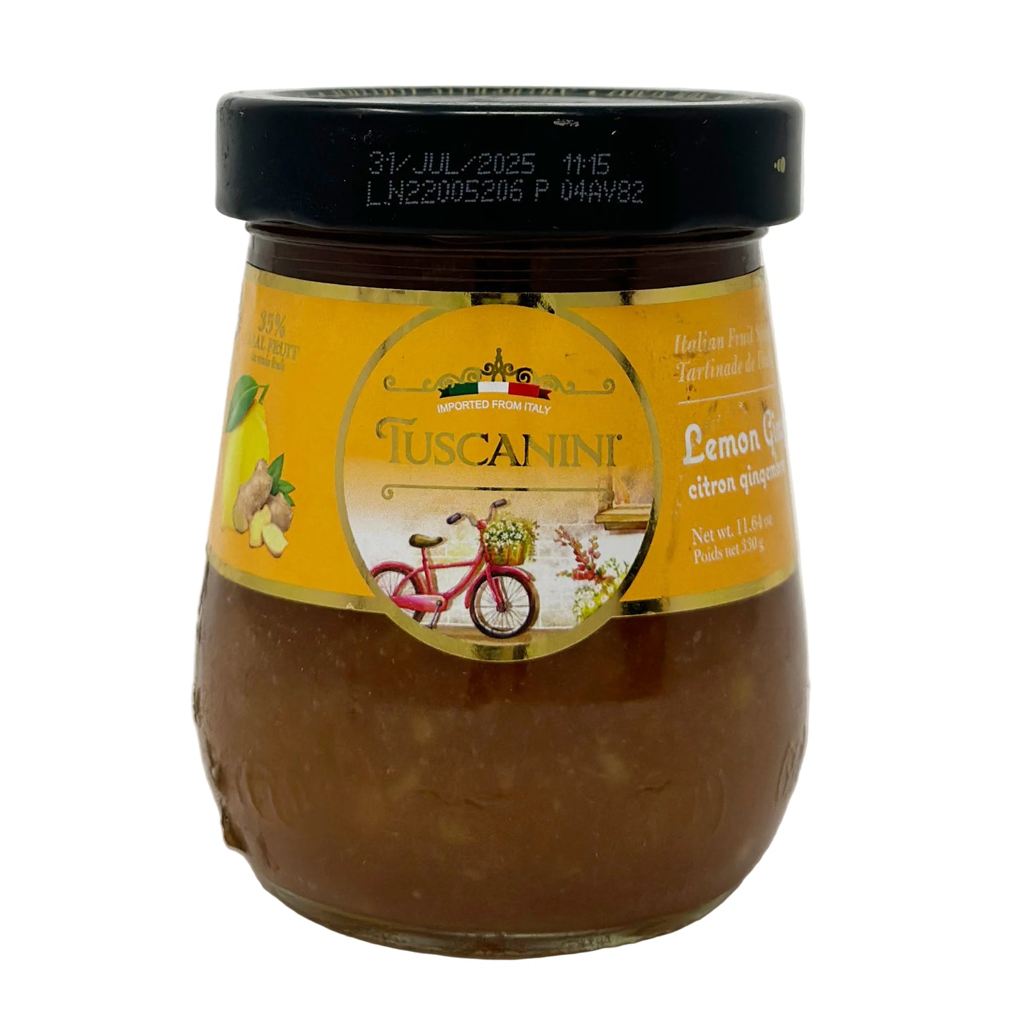 A jar of Tuscanini Lemon Ginger Spread with the label showing the brand and product details on a plain background.