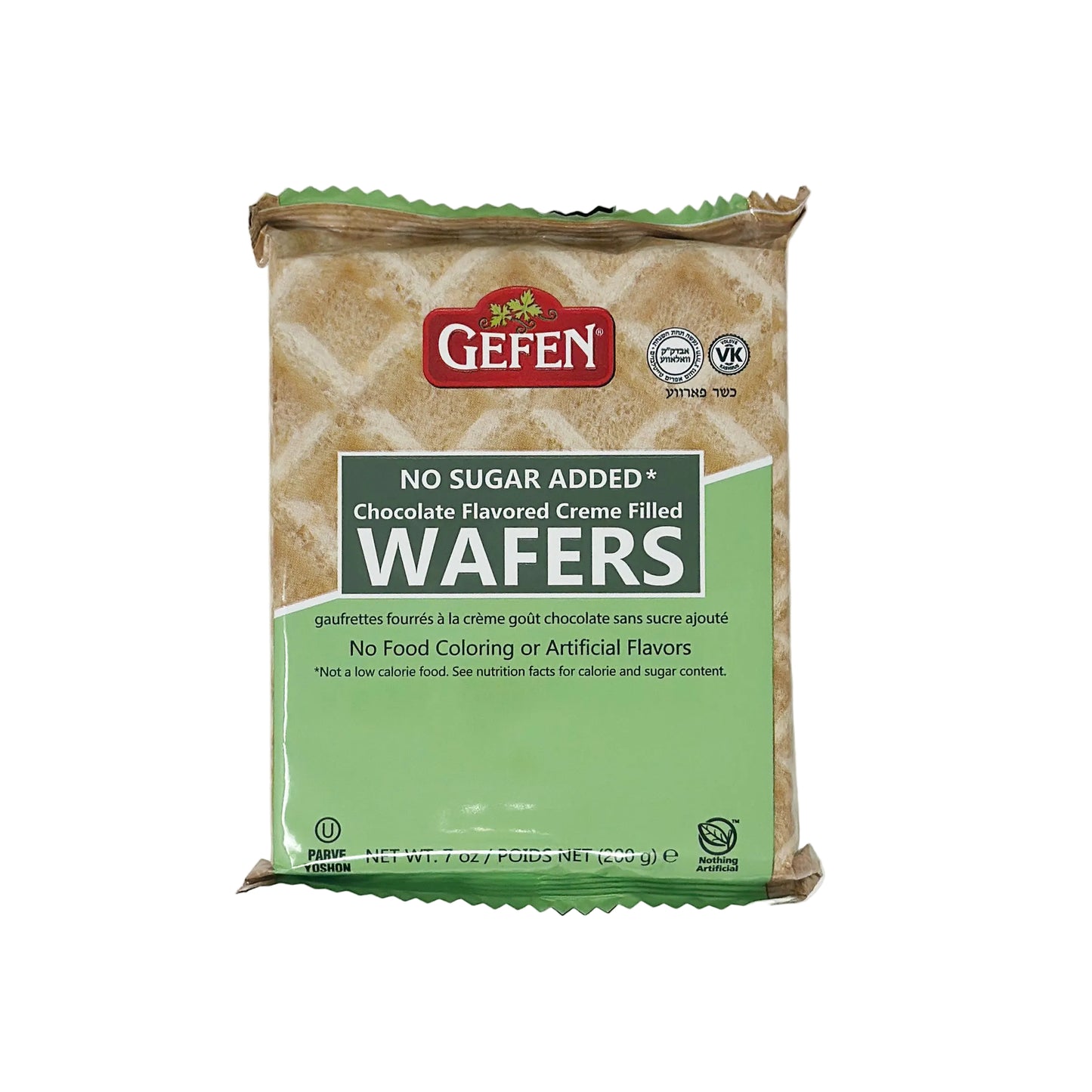 Packaging of Gefen No Sugar Added Chocolate Flavored Creme Filled Wafers, 7 oz size, with green and white color scheme.